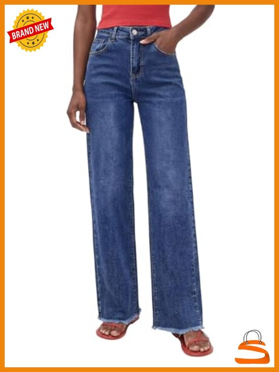 Denim - High Waisted Straight Leg Flare Jeans Stretchy Raw Hem Denim Pants